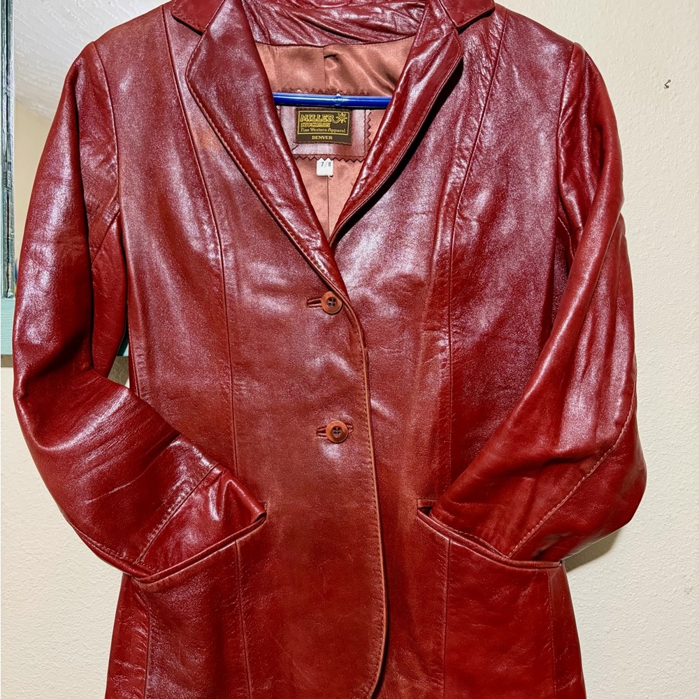Women's Burgundy Leather Coat Jacket Blazer Size Small (7/8)